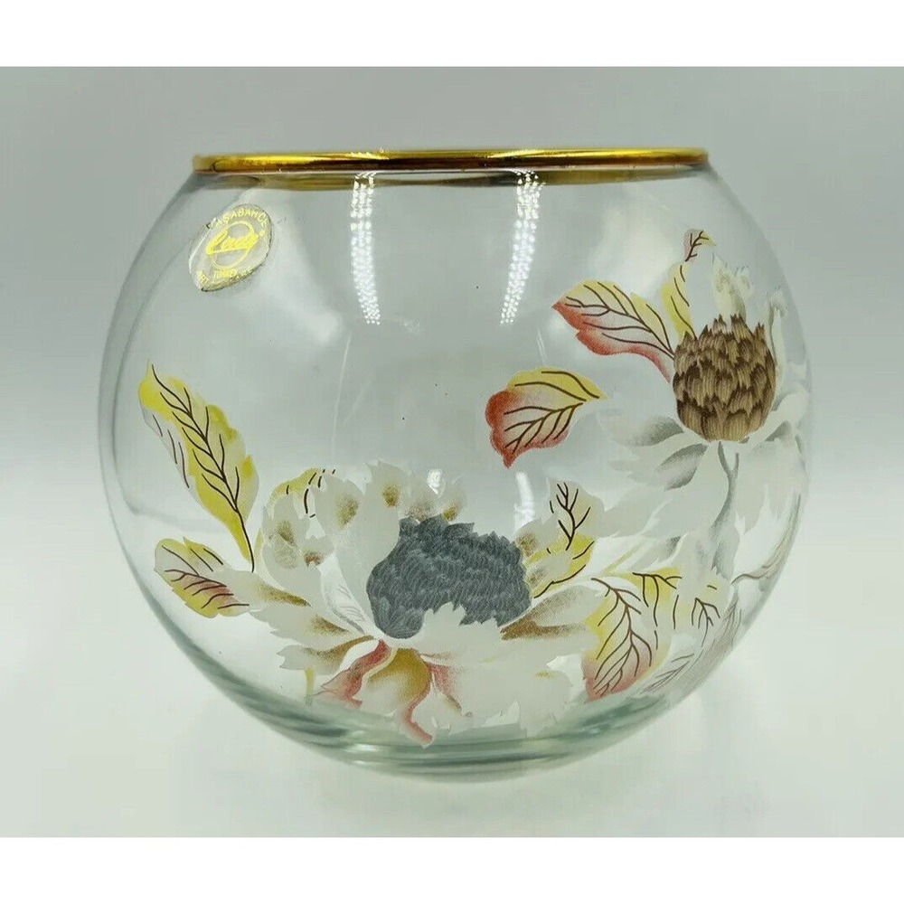 Vintage Pasabahce Glass Bowl Gold Rim Fish Bowl Centerpiece Floral Fall Pattern